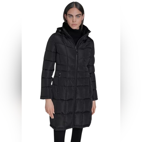 Women Calvin Klein Hooded Stand Collar Long Puffer Coat Black Medium MSRP $285